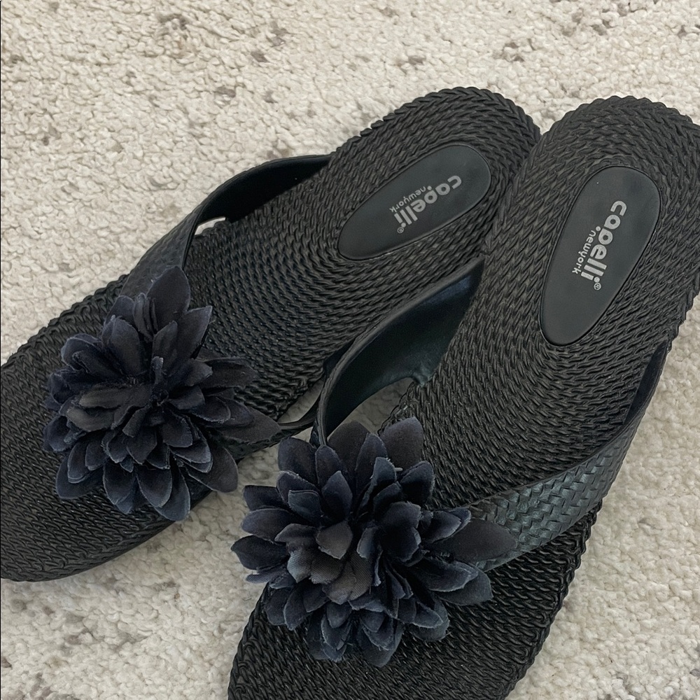 Capelli of New York Black Floral Wedge Sandals